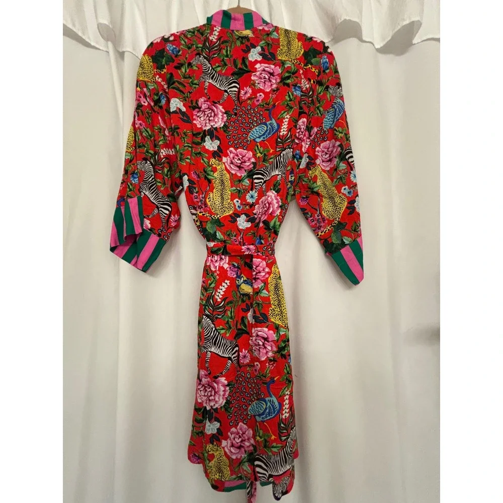 Room Service XL Kimono Robe Womens Red Jungle Animal Floral Striped Trim